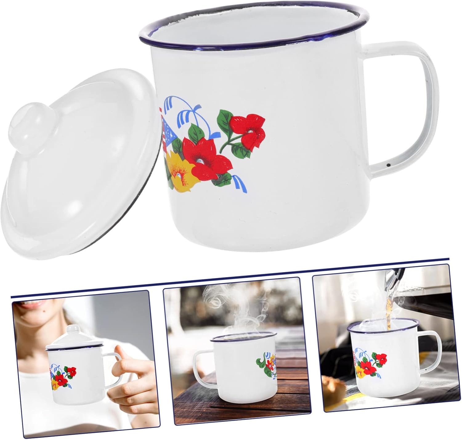 Abaodam 4 uds Taza de esmalte rojo Taza de café para fiesta, tazas de bebida de campamento, taza de té con patrón de flores, taza de esmalte retro,