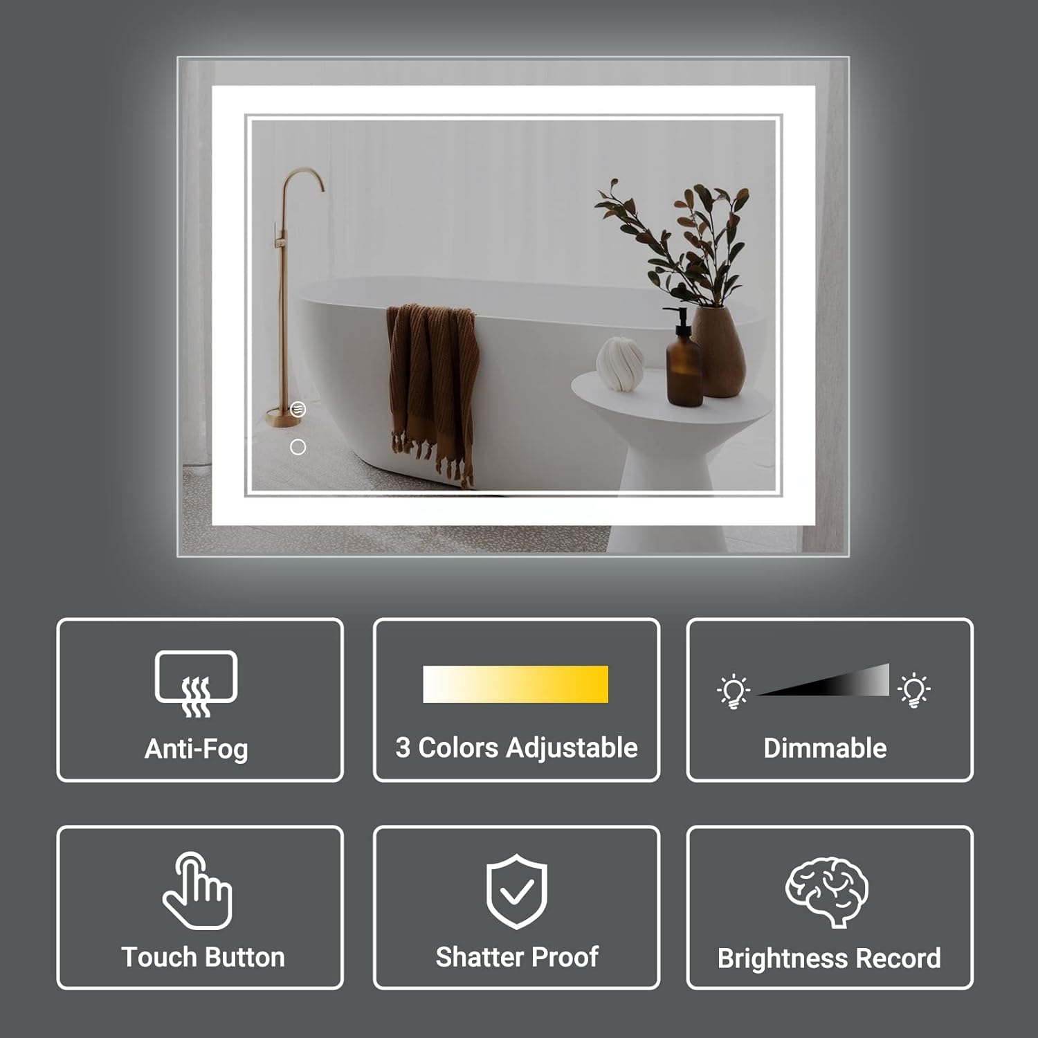 Espejo de baño LED de 40 x 30 pulgadas, espejo de tocador antivaho montado en la pared, espejo de maquillaje LED regulable con luces