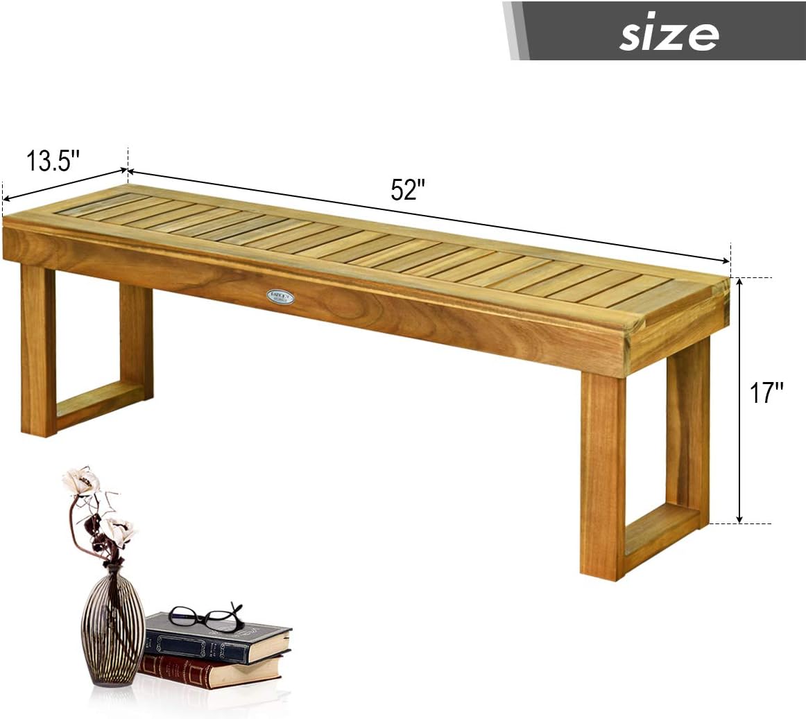 Tangkula Banco de madera de acacia de 52 pulgadas para exteriores, banco de madera para comedor, entrada, jardín junto a la piscina, banco de