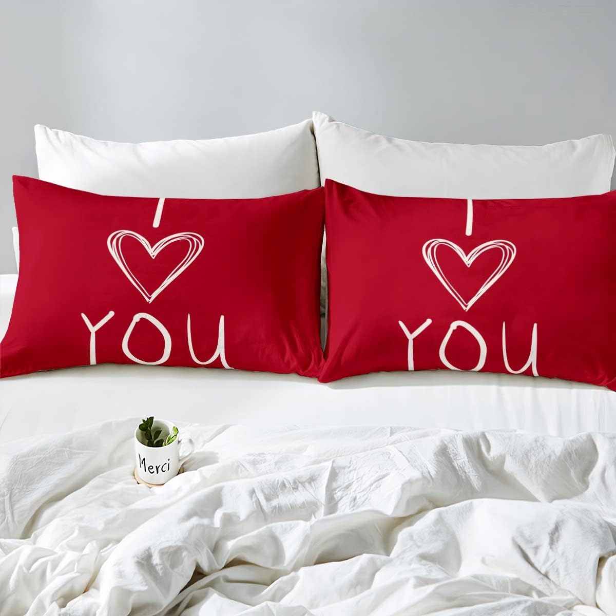 Juego de sábanas de San Valentín para parejas, color rojo y blanco, para niños, niñas, adolescentes, con texto en inglés “I Love You”, juego de ropa