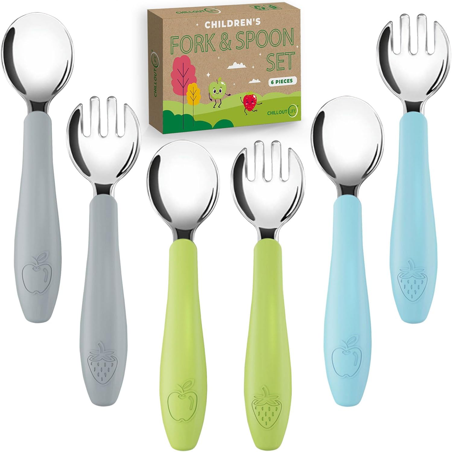 CHILLOUT LIFE Utensilios para niños pequeños, cubiertos para niños con mango de silicona, tenedores y cucharas de metal de acero inoxidable, seguro