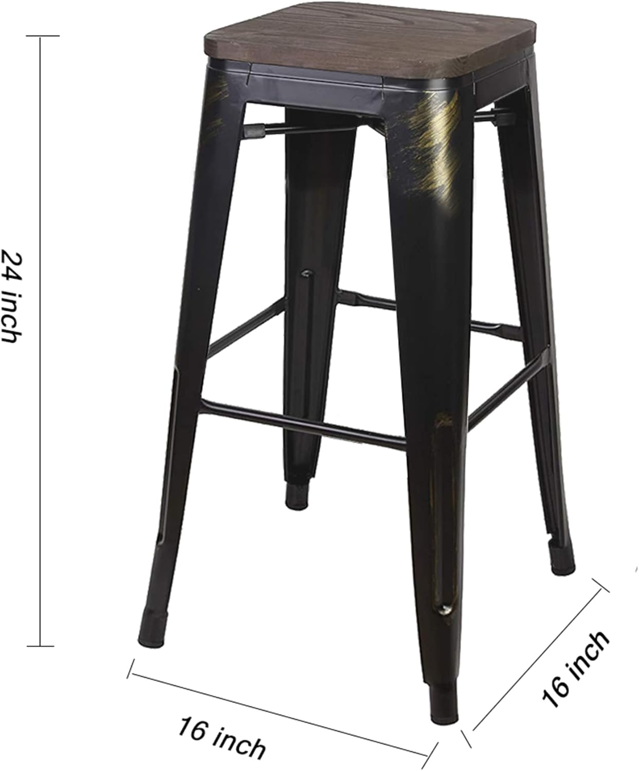 Taburete de metal negro antiguo de 24 pulgadas con asiento de madera (juego de 2) color dorado al azar, capacidad de peso de más de 300 libras,
