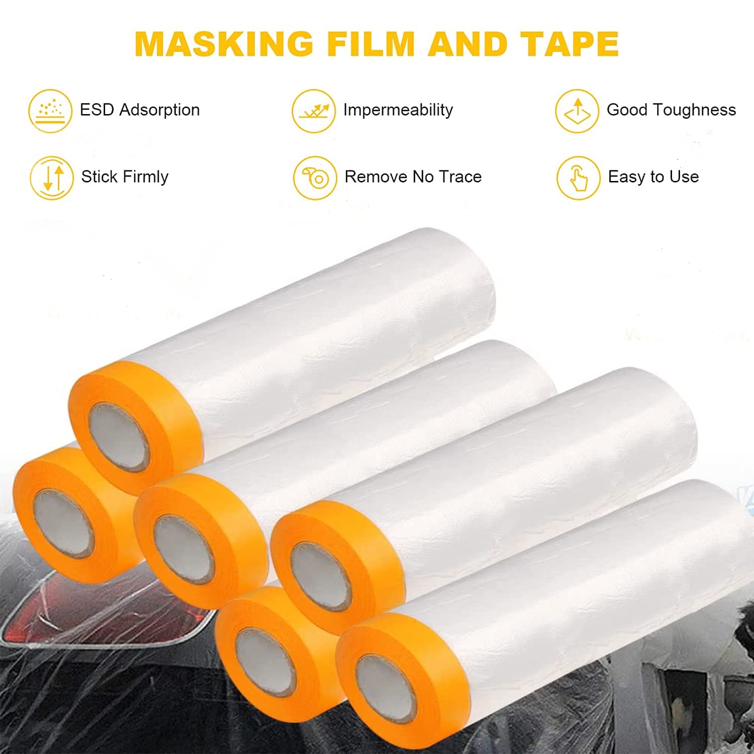 Cinta y cortina, película adhesiva precintada, 2 rollos de papel para pintores automotrices, rollo de película protectora adhesiva para cubrir