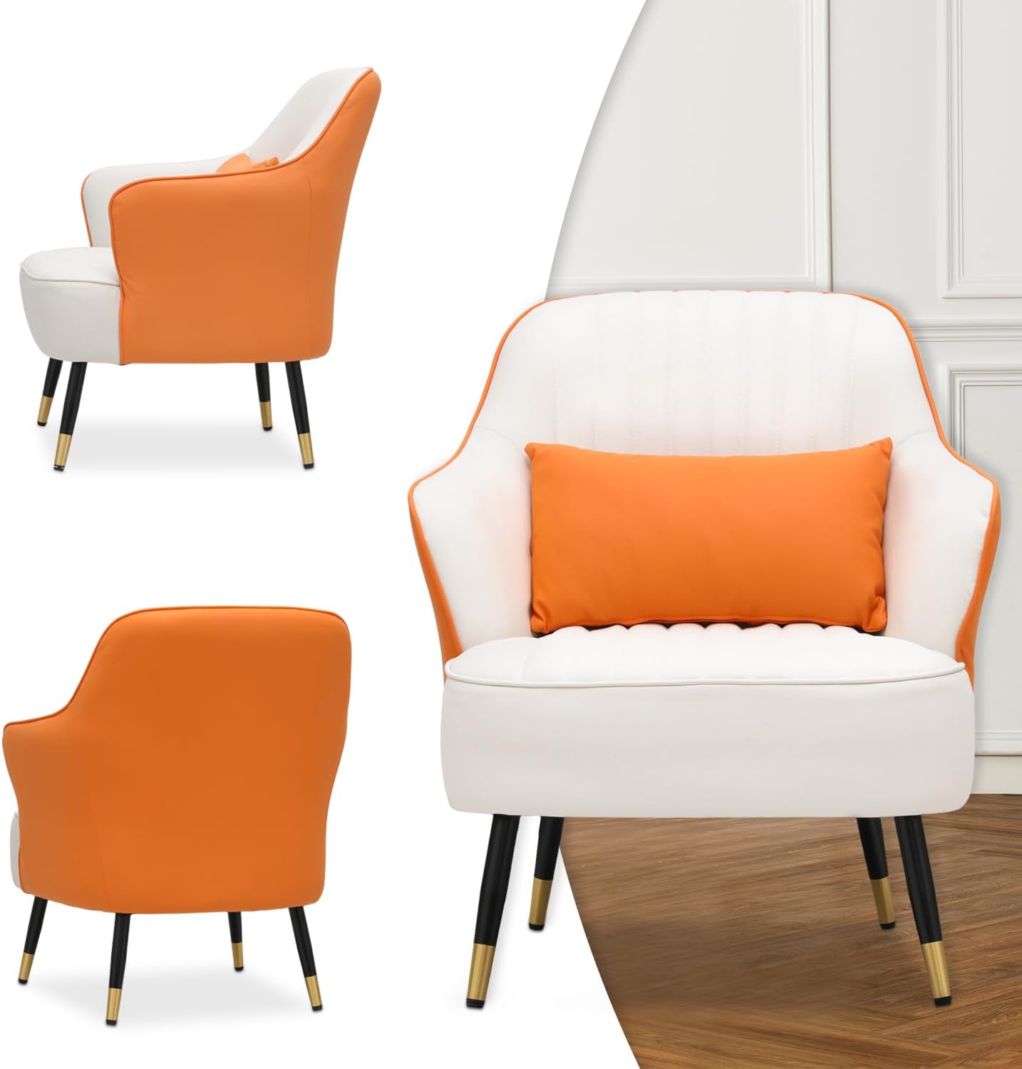 MoNiBloom Mid-Century – Silla moderna y cómoda con brazo para dormitorio y sala de estar, silla tapizada de cuero blanconaranja con almohada lumbar