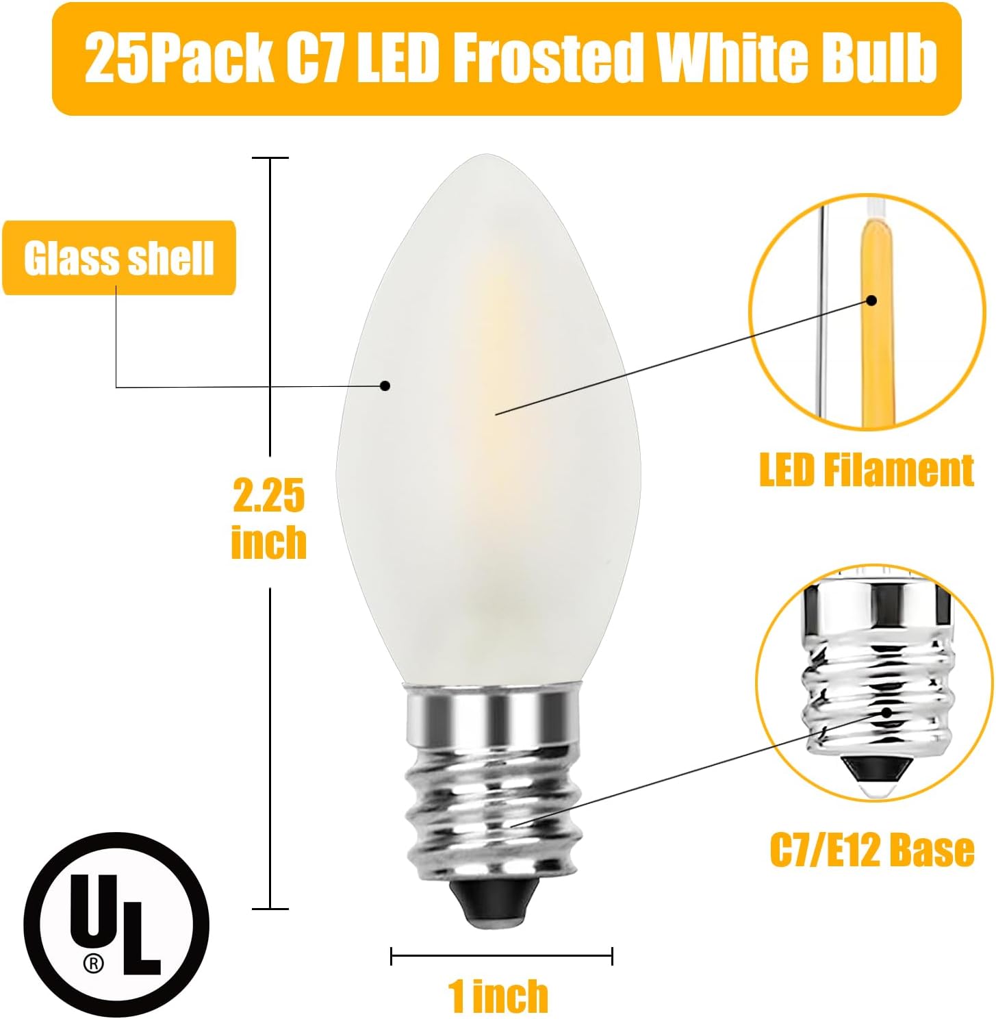 SUNSGNE Bombillas LED C7 de Navidad de 0.6 W, bombillas LED esmeriladas de repuesto para candelabros E12, bombilla pequeña para decoración interior