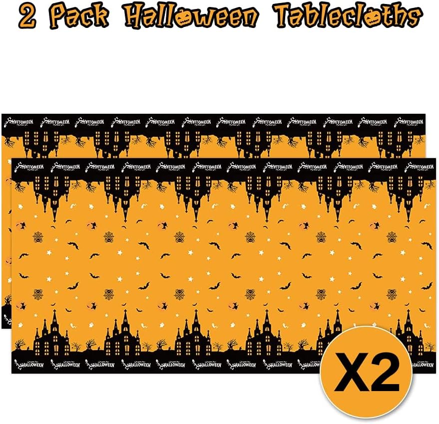 Decoraciones de Halloween para decoración de fiesta de interiores, 2 manteles de plástico desechables de 54 x 107 pulgadas para Halloween