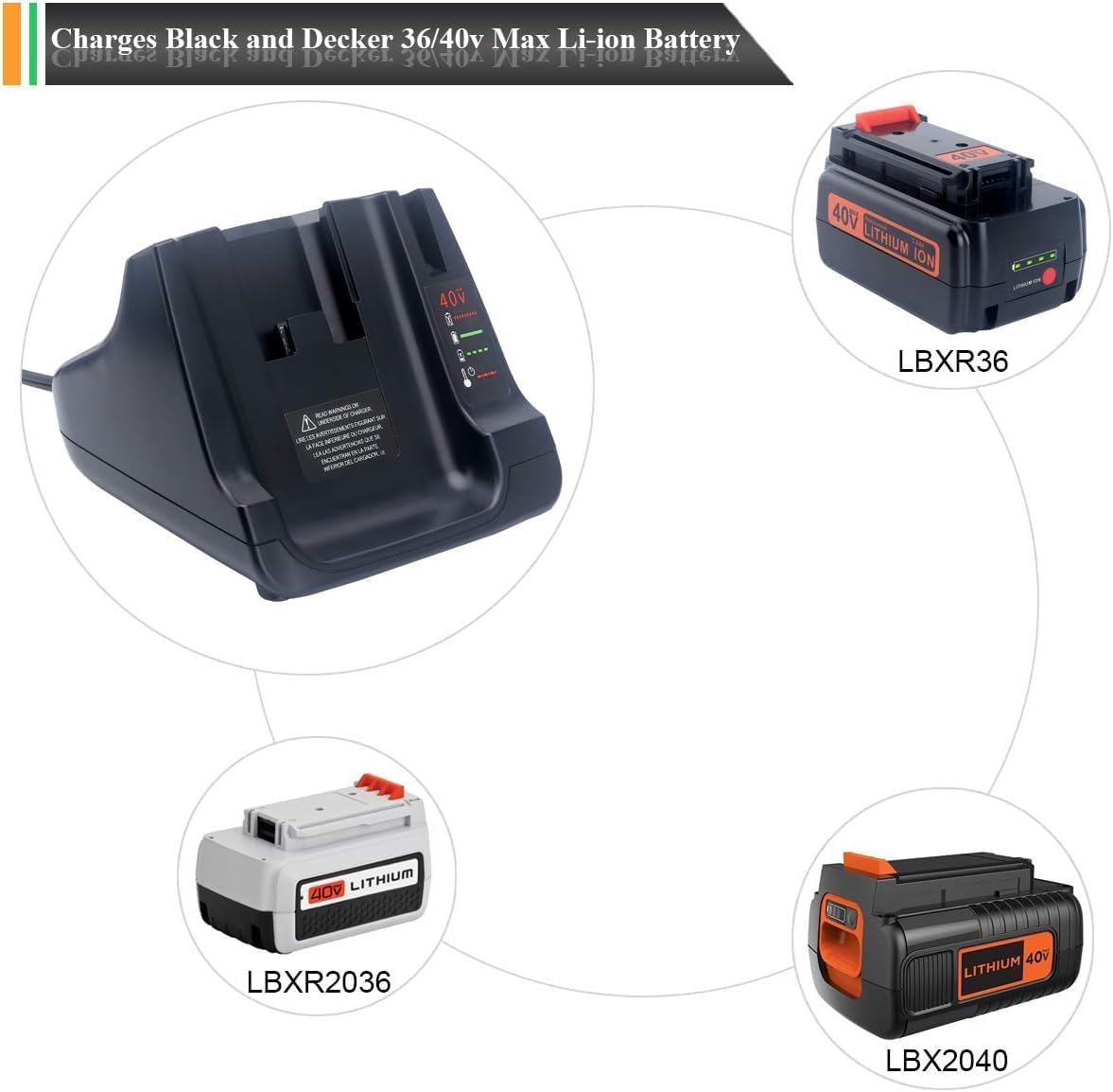 Cargador rápido de 40 V MAX para Black+Decker LCS36 LCS40, compatible con Black & Decker 36V 40V Max Batería de iones de litio LBXR36 LBX36 LBXR2036