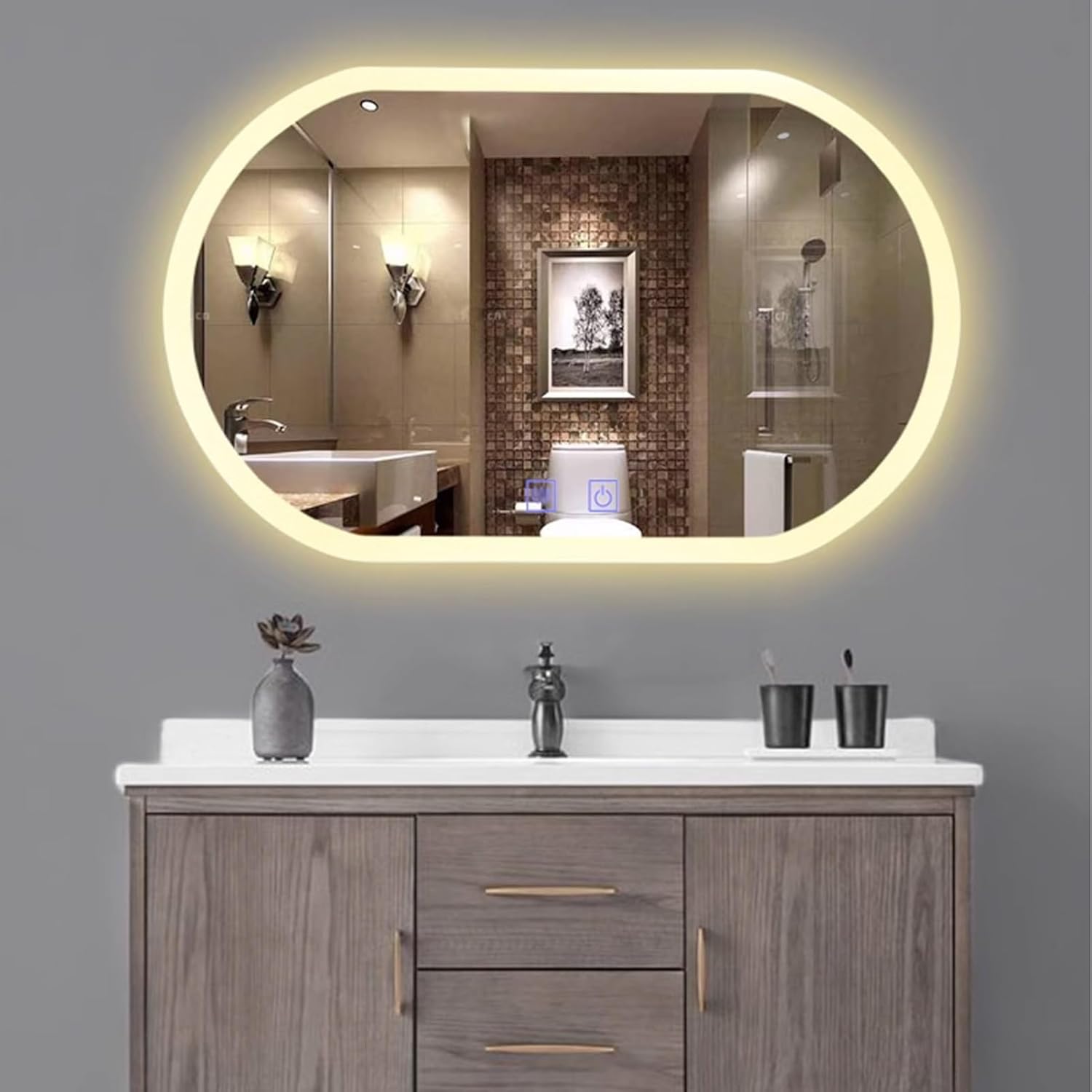 Espejo de baño LED, espejo de pared ovalado sin marco, espejo de tocador con tacto demister, espejo LED iluminado, un solo toque, botón doble