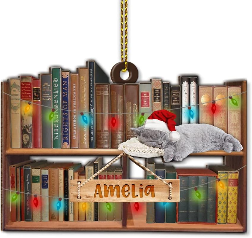 Adorno de Navidad personalizado para amantes de los libros, adorno de gato y pila de libros, adorno de Navidad de libro de lectura, regalo para su