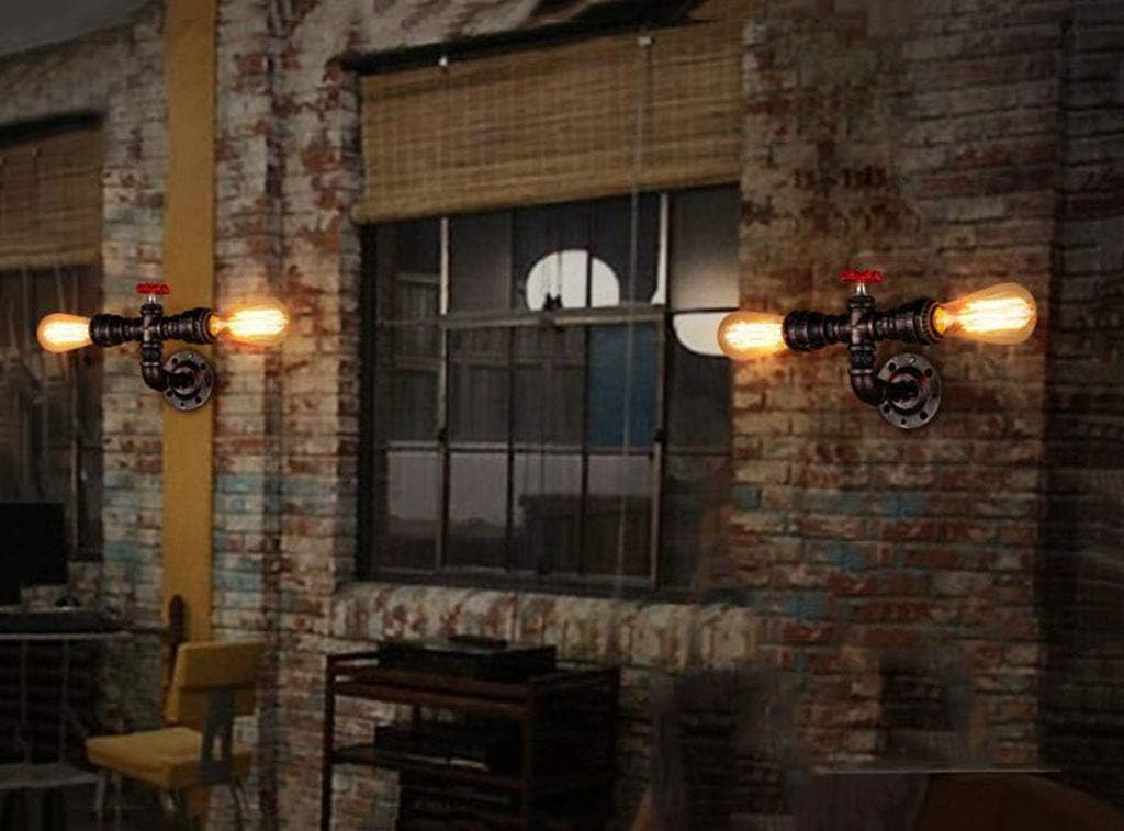 BYSUN Aplique de pared Steampunk industrial retro, 2 luces de metal estilo tubo de agua montado lámpara lámpara luminaria, E26 Industrial Vintage