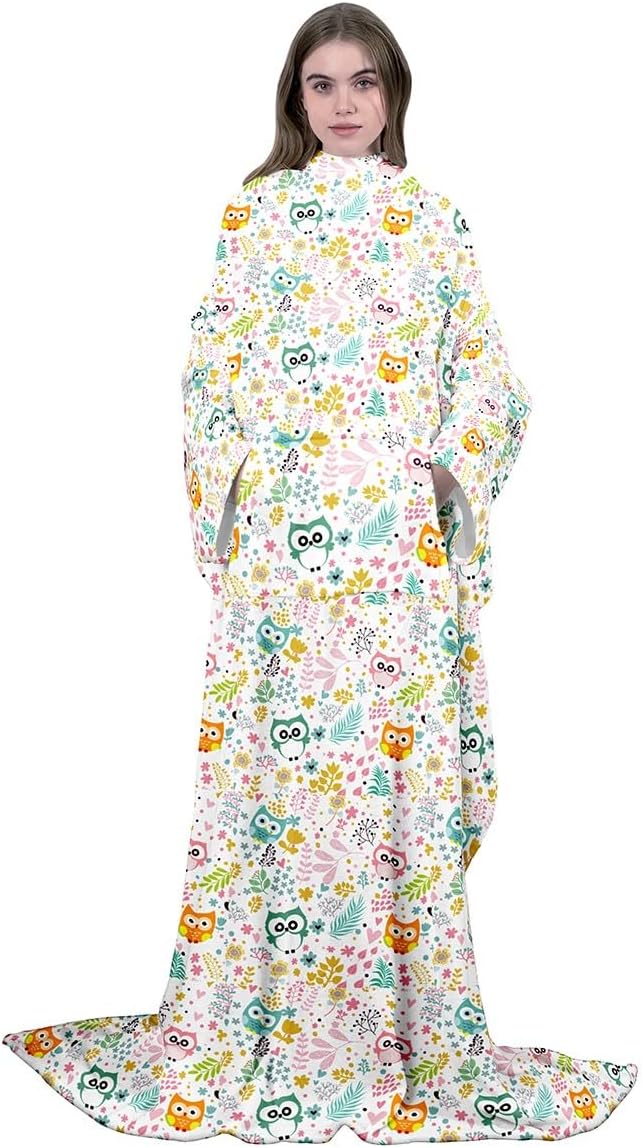 jejeloiu Manta de forro polar con mangas y bolsillo de 50 x 70 pulgadas, manta de forro polar floral de búho de dibujos animados con mangas para