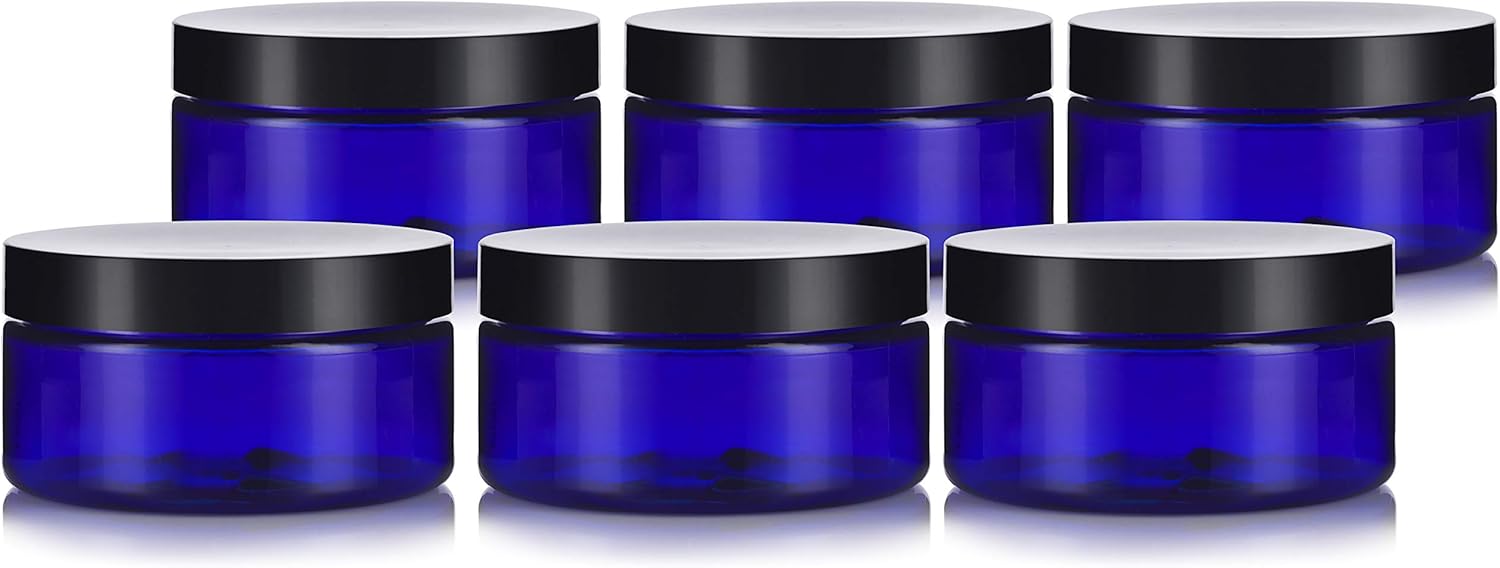 Jarro recargable de bajo perfil, de plástico sin BPA, para PET, azul cobalto, 8 onzas (6 unidades) + espátulas y etiquetas.
