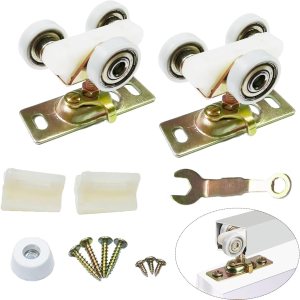 Paquete de 2 herrajes para puerta corrediza con bolsillo superior, rodillos, montaje para Johnson Part 1125 y 1500, incluye llave y tornillos Paquete de 2 herrajes para puerta corrediza con bolsillo superior, rodillos, montaje para Johnson Part 1125 y 1500, incluye llave y tornillos