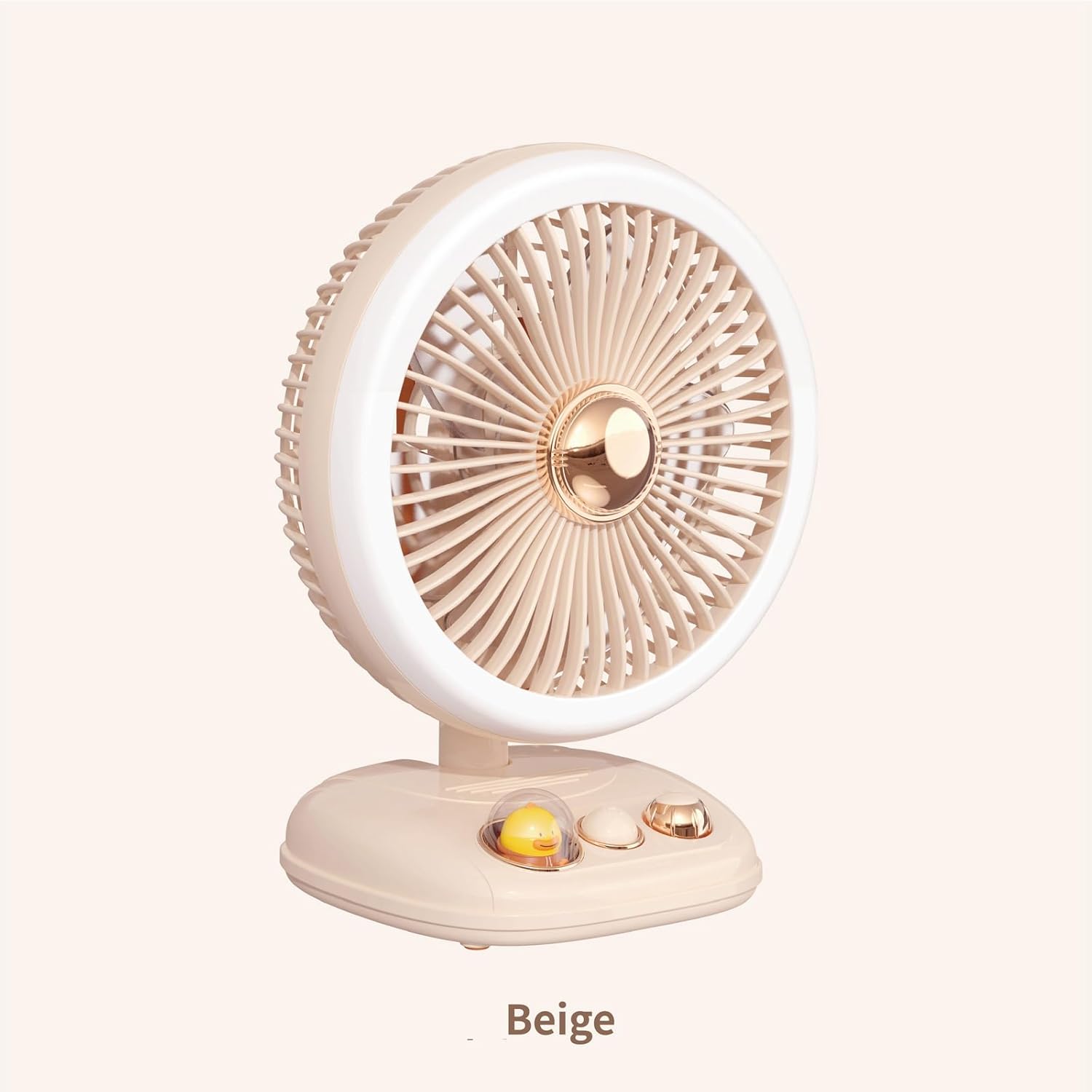 Ventilador de escritorio con luz LED, flujo de aire silencioso de velocidad variable, funciona con pilas recargables (beige)