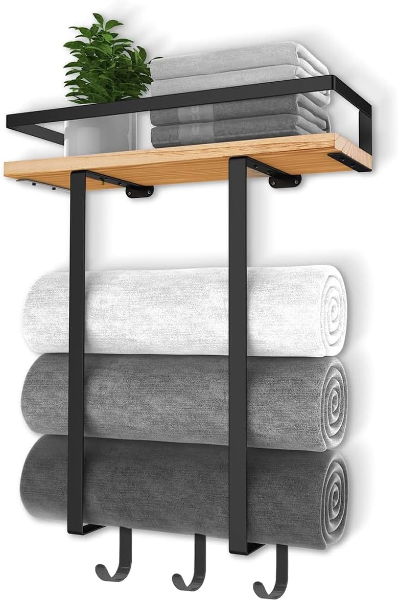 Toalleros para baño montado en la pared, soporte para toallas de baño con estante de madera, organizador de almacenamiento de toallas de pared,
