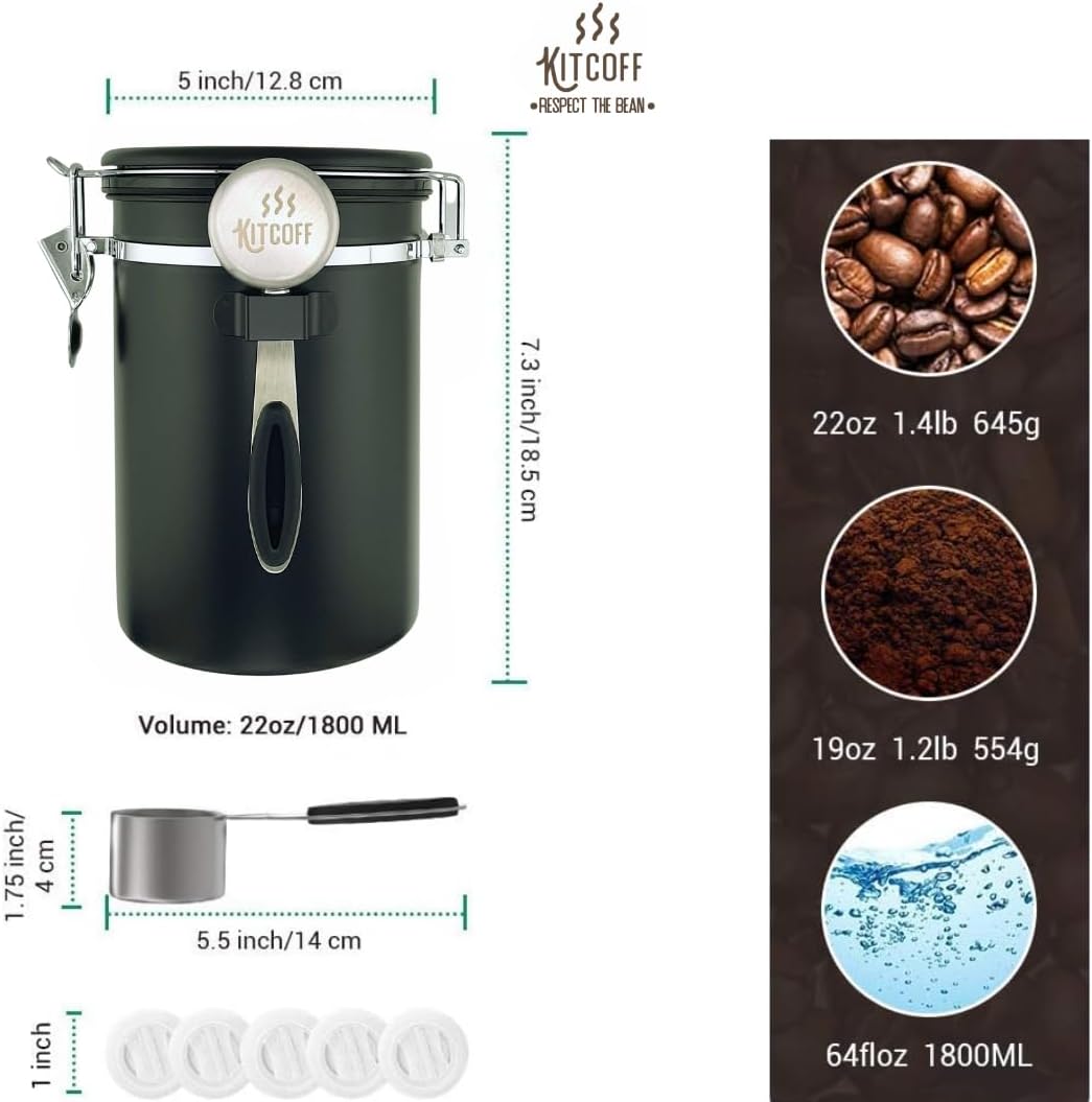 Kitcoff Recipiente de café molido con rastreador de fecha, válvula de liberación de CO2 y cuchara medidora, hecho de acero inoxidable con tapas