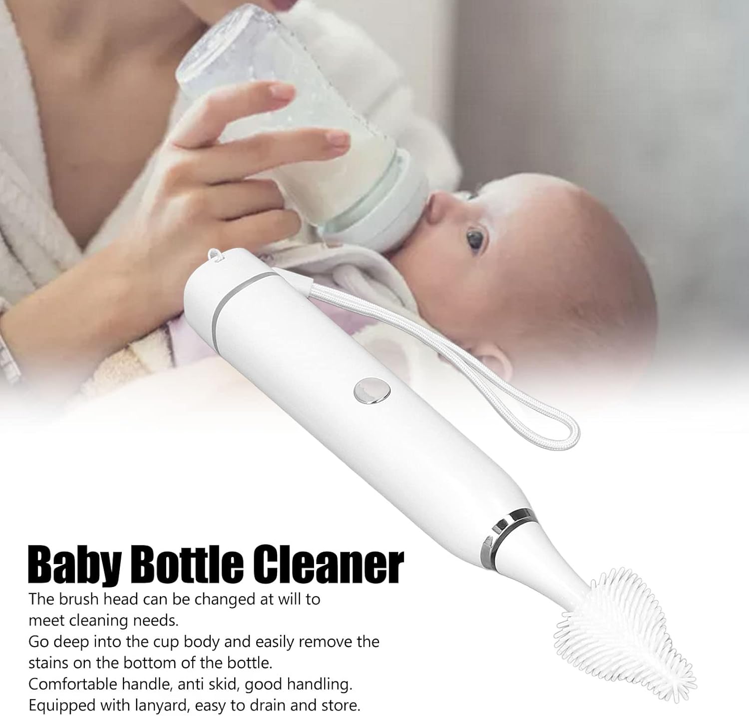 Cepillo eléctrico para biberón, juego de limpiador de botellas impermeable con 2 cabezales de cepillo USB recargable de silicona para botellas para