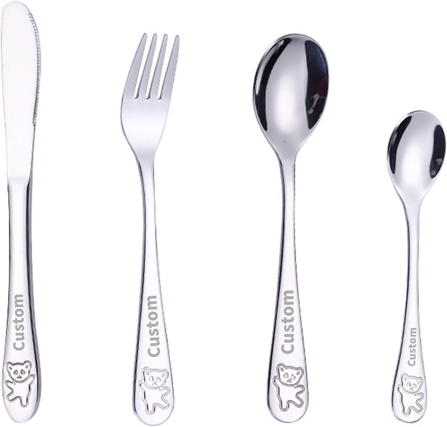 Juego de cubiertos personalizados de 4 piezas para niños pequeños, cubiertos de acero inoxidable grabados de metal de 7 pulgadas, incluye tenedor,