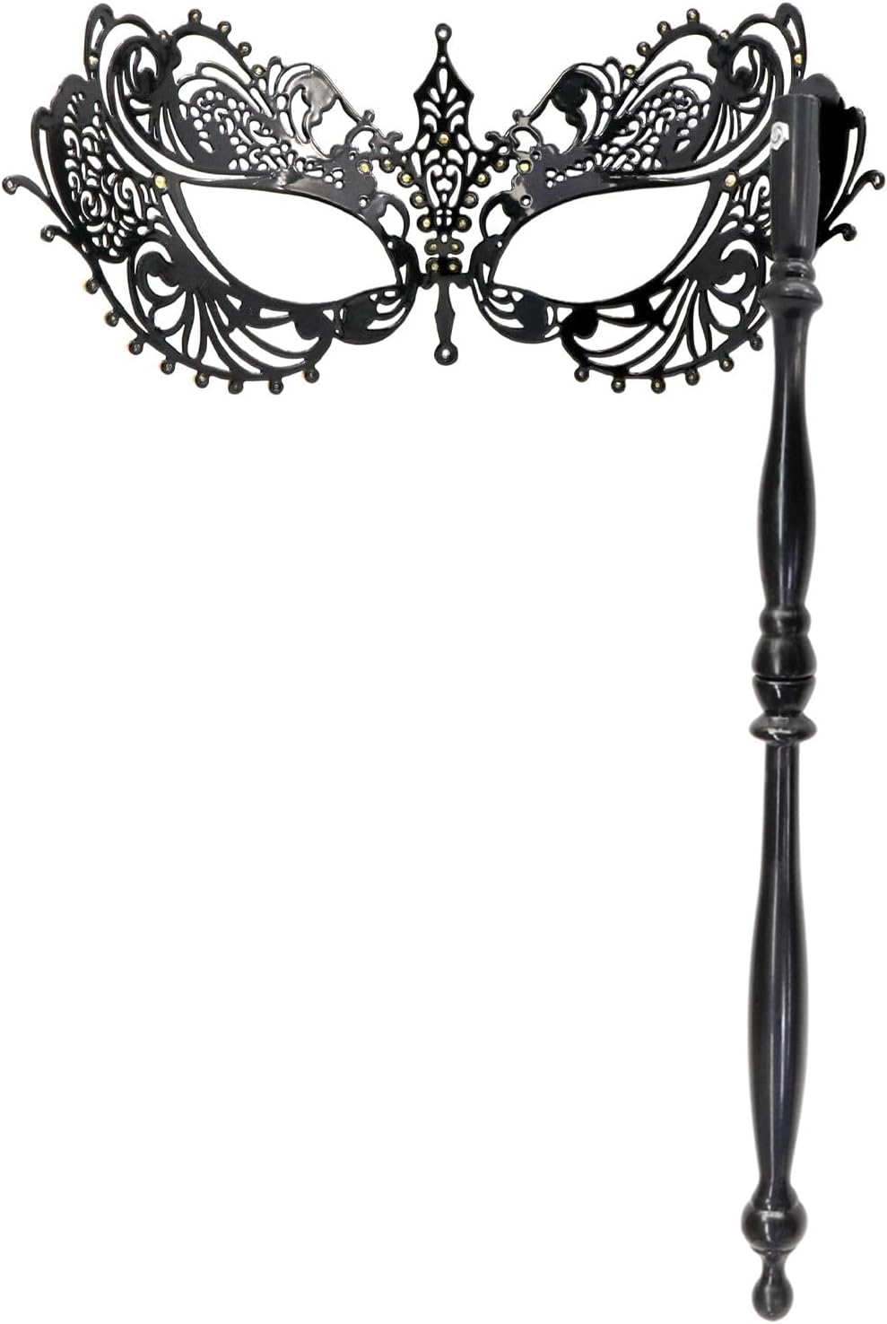 Thmyo Máscara veneciana de fiesta de Mardi Gras de Halloween con palo de sujeción, máscara de mano con plumas de metal y diamantes de imitación
