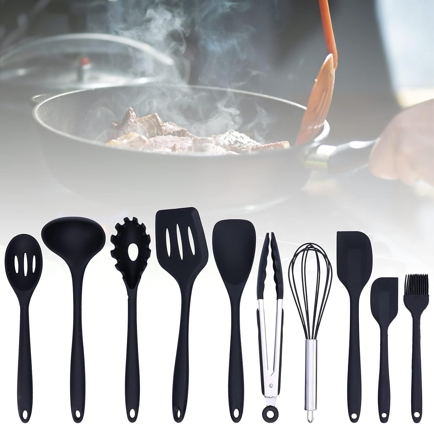 Utensilios de cocina, Kit de herramientas de cocina no para el hogar (10 piezas de silicona negro conjunto (incluyendo caja de color))