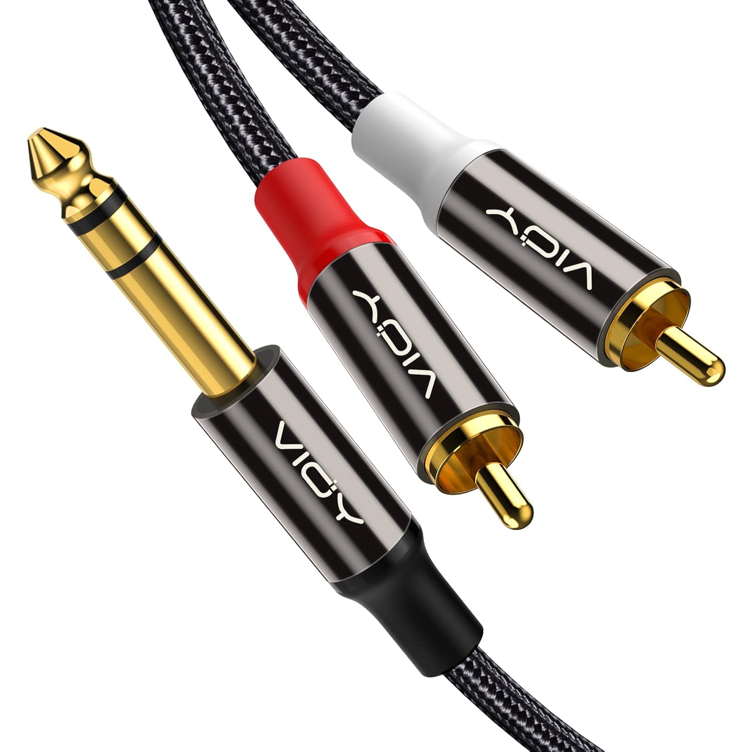 VIOY Cable de audio RCA dual de 14 a doble 5 pies, carcasa de cobre chapada en oro, resistente, conector TRS macho de 0.250 in de cuarto de pulgada