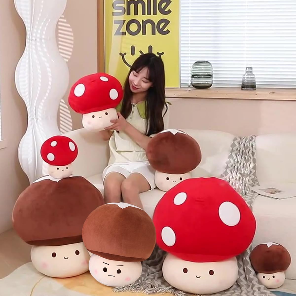 Hofun4U Almohada de felpa de hongo, felpa de seta sonriente, almohada de felpa para sofá cama o automóvil, decoración del hogar, cumpleaños de niños