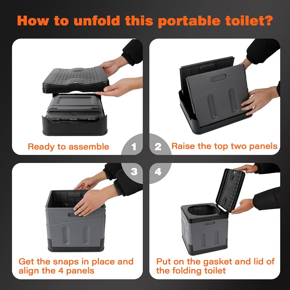 Inodoro portátil, inodoro plegable portátil, inodoro plegable con tapa, inodoro de viaje al aire libre, inodoro de viaje de camping (negro)