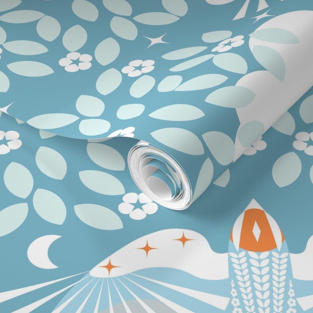 Spoonflower Removable Wallpaper 9ft x 2ft – Blue Sky Folk Art Orange Aqua Maximalist Magic Lucid Dreaming Scandi Scandinavian Mystical Large Custom