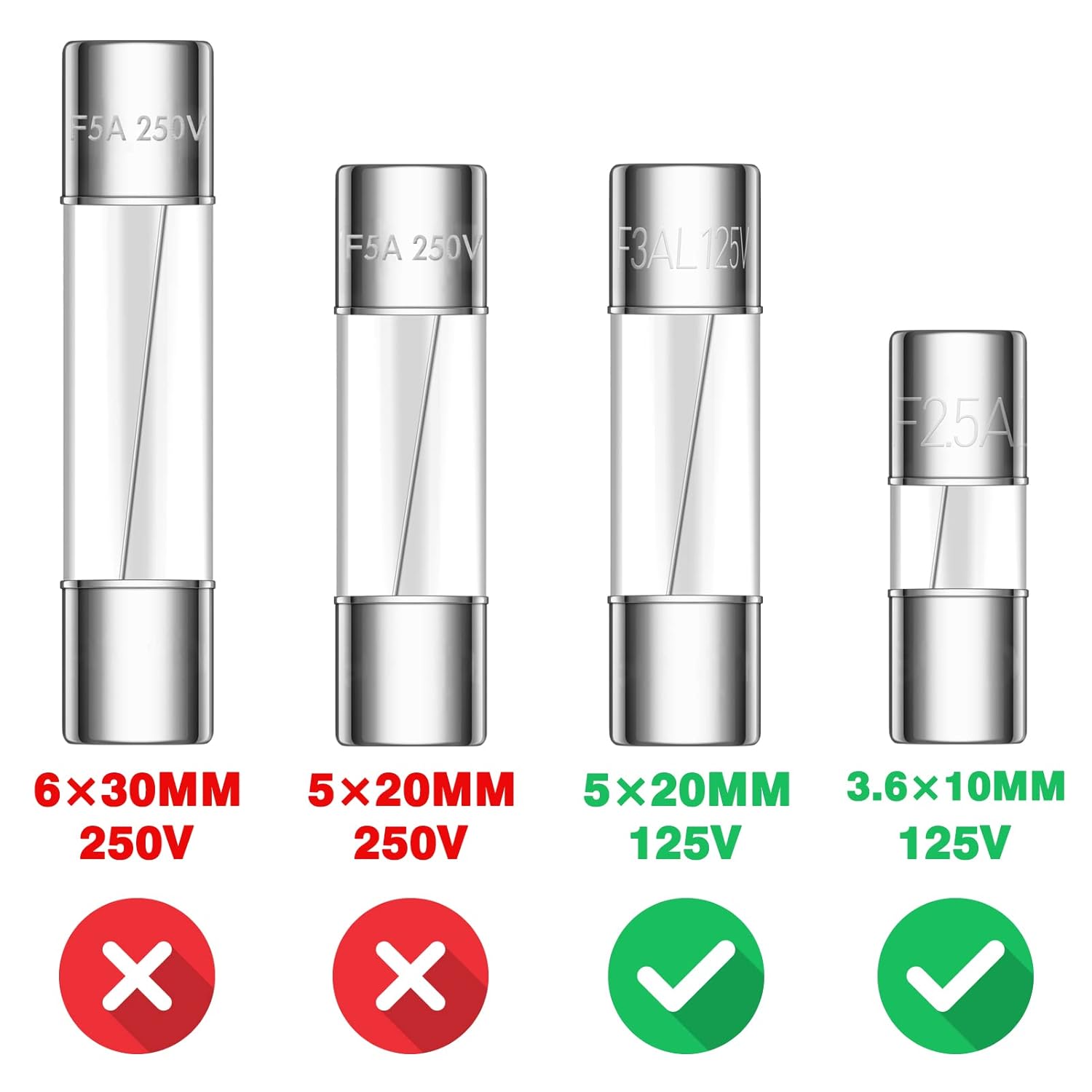 VEXUNGA 23Values Kit de fusibles de vidrio de 125 V 0.5A 1A 1.25A 1.6A 2A 2.5A 3.15A 3.15A 3.5A 4A 6A 6.3A 7A 8A 10A 12A 15A 20A 0.197 in y 2.5A 3A