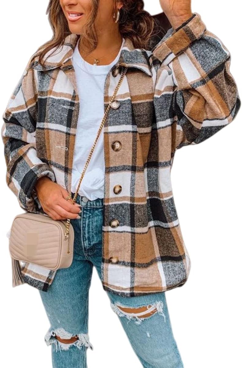 Wankang Camisas de franela a cuadros para mujer 2023, manga larga, casual, con solapa, abotonada, chaqueta de tartán, chaqueta suelta para otoño