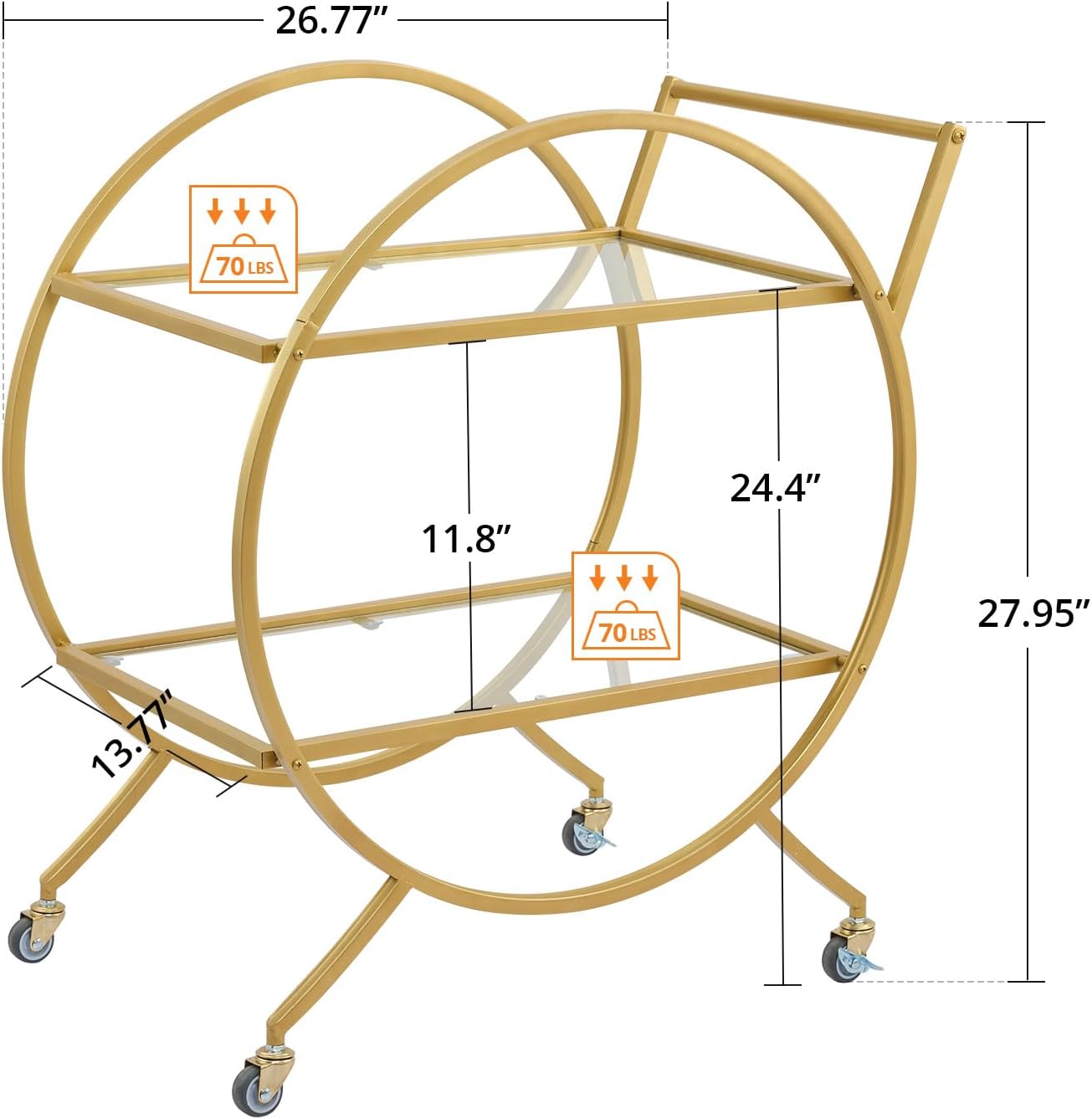 Towallmark Carrito de bar dorado, carrito de servicio de bar en casa de 2 niveles con ruedas bloqueables y estantes de vidrio templado, carrito de