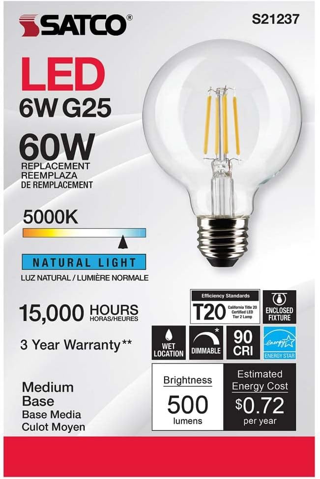 Satco Bombillas LED E26 de 6 vatios, 5000 K, clasificación de 15000 horas, regulables, paquete de 6