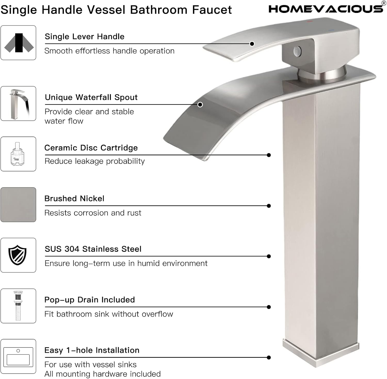 Homevacious Grifo de baño de níquel cepillado, grifo de fregadero de cascada, grifo de fregadero de una sola manija, grifo moderno de un solo