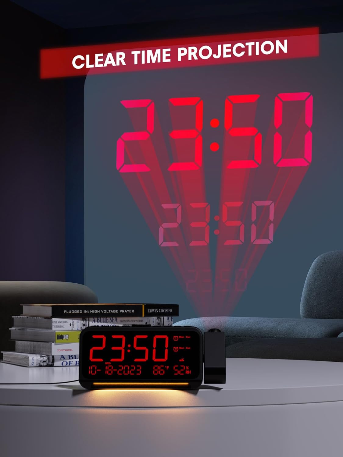 Reloj despertador de proyección con luz nocturna, fecha, temperatura, pantalla de humedad, proyector de reloj digital en la pared del techo con