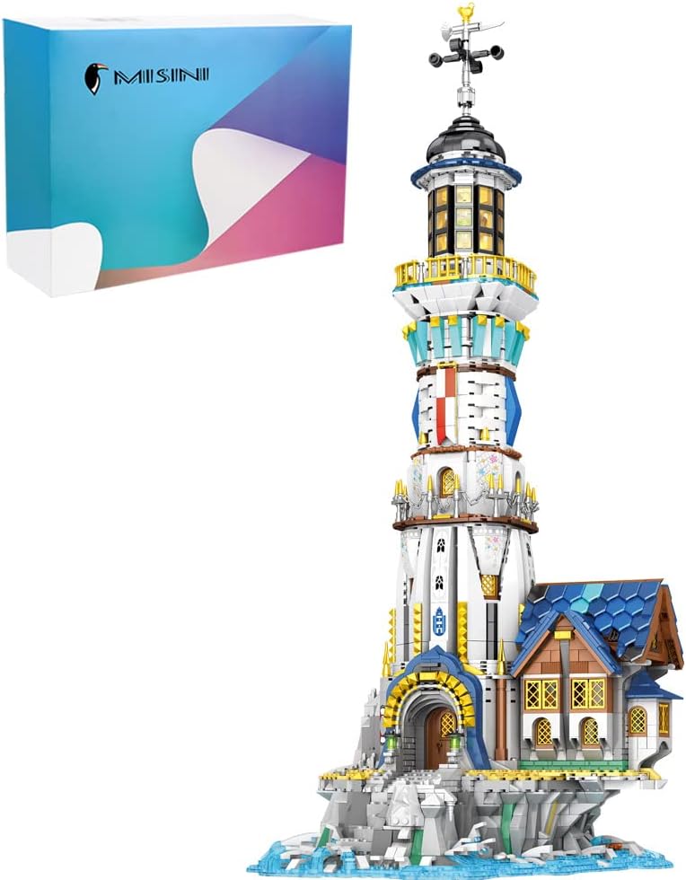 MISINI Ideas 66028 – Juego de construcción de faro medieval para adultos con kit de luz, 3228 edificios modulares PCSMOC, juguetes de construcción