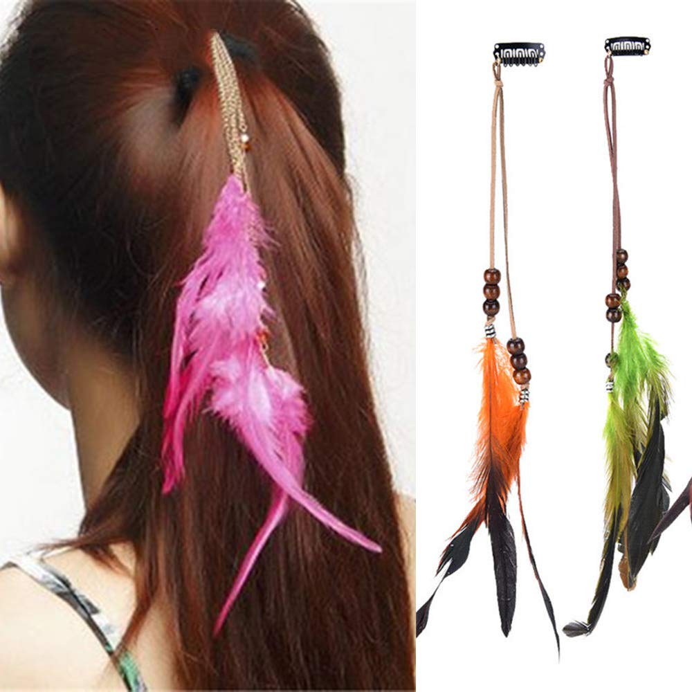 6 piezas de diadema con clip de plumas para mujeres y niñas, extensiones de pelo de colores bohemios, diadema hippie con borlas, banda para el