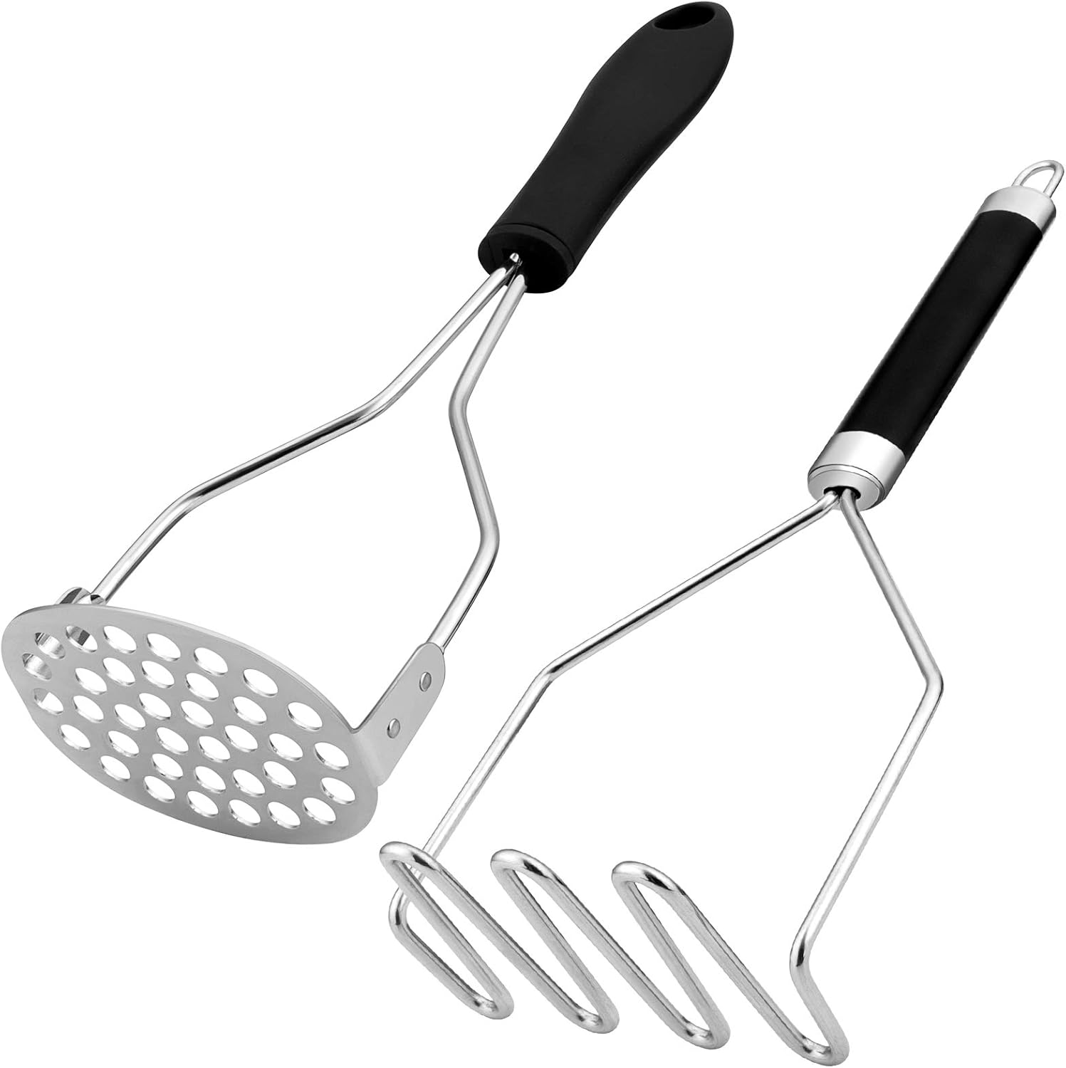 Paquete de 2 machacadores de patatas de acero inoxidable de alta resistencia, onduladas y redondas, mango antideslizante y no es fácil de doblar,