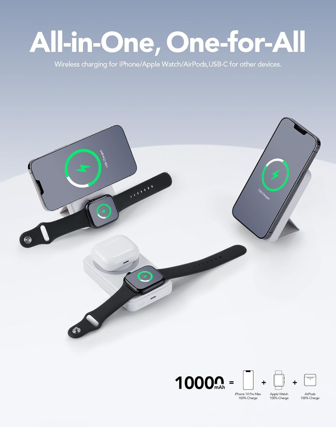 Paquete de batería compatible con MagSafe todo en uno de 10000 mAh, carga rápida, banco de energía portátil con soporte plegable, banco de energía