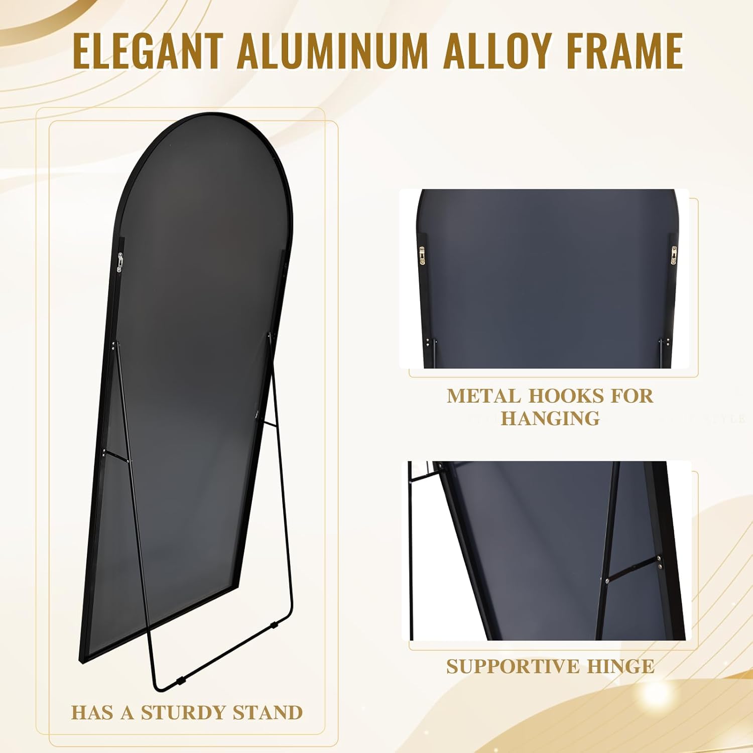 Espejo grande arqueado de longitud completa de 76 x 34 pulgadas con soporte, marco de aleación de aluminio, espejo de suelo para sala de estar,