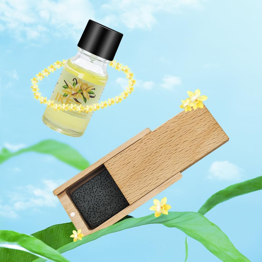 Ikeda – Ambientador para automóvil caja de madera con difusor de fragancia, aromas para automóvil, con un aceite esencial, con piedra volcánica,