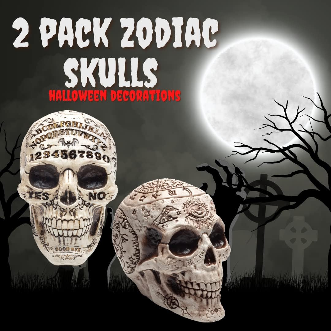 Tabla de calaveras del zodiaco y el espíritu de Halloween, paquete de 2, escultura de esqueleto de cabeza humana de 7 x 6.5 pulgadas, decoración de