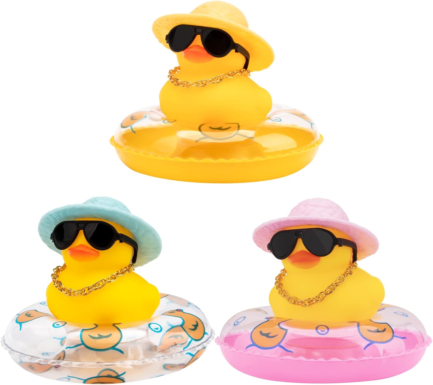 wonuu Adornos de pato de goma para automóvil, 3 unidades, diseño de pato amarillo, decoración de tablero de automóvil, con mini sombrero, anillo de