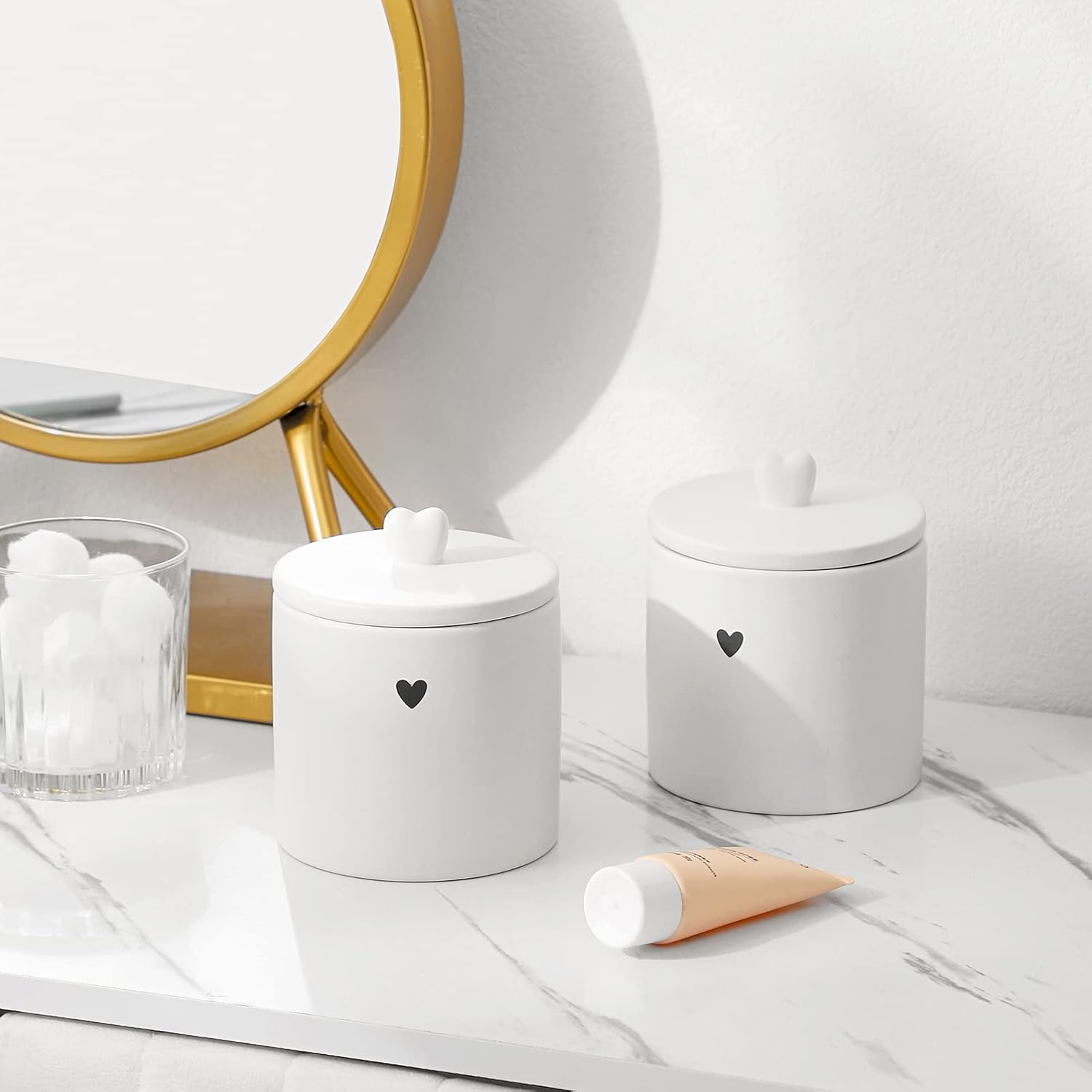 Paquete de 2 tarros de cerámica con tapas para boticario Qtip para decoración de baño, para bolas de algodón, hisopo de algodón, almohadilla de