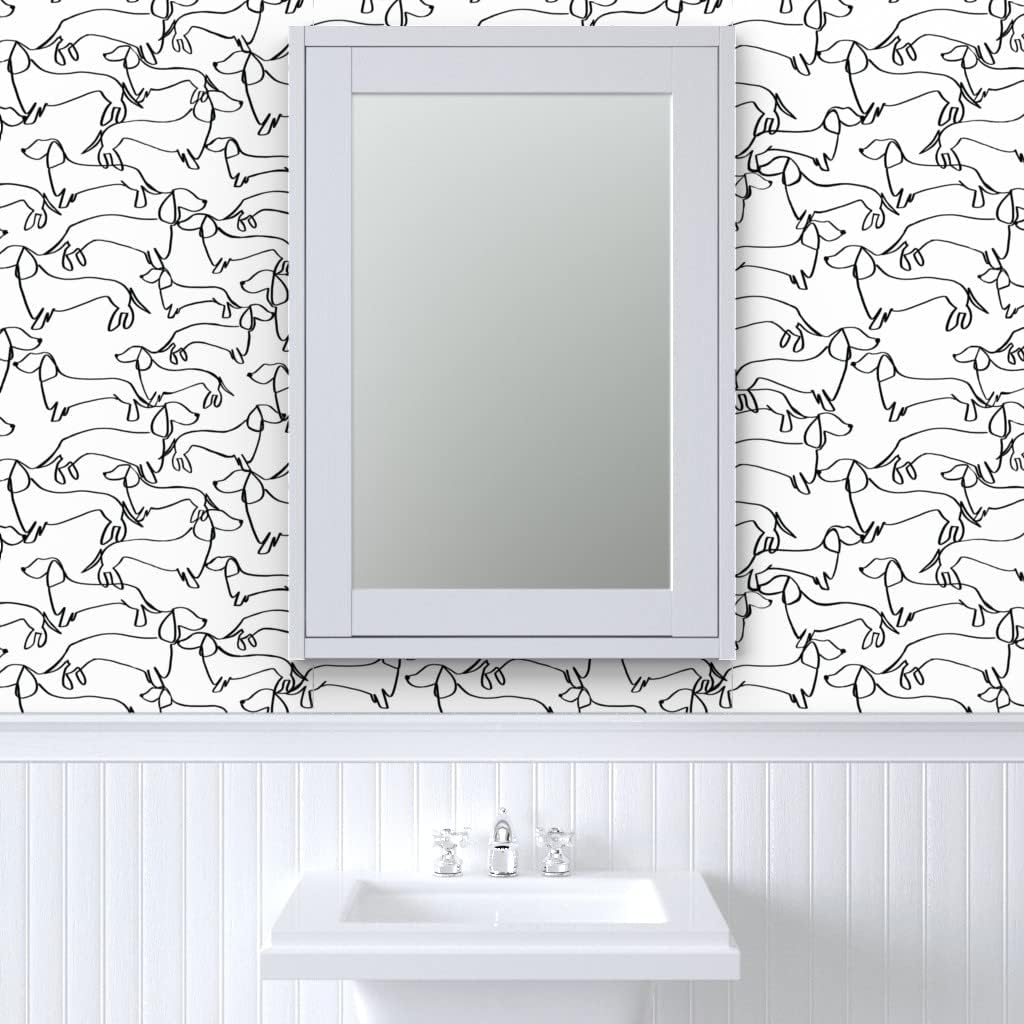 Spoonflower Papel tapiz para despegar y pegar, diseño de líneas blancas y negras de perro salchicha Weiner Dogs Papel pintado extraíble personalizado