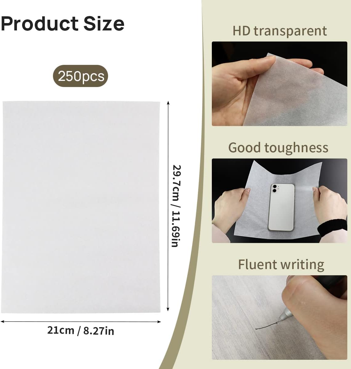 250 hojas de papel para dibujar bocetos, blocs de papel de rastro de artistas translúcidos de Catephe para dibujar, papel de dibujo transparente