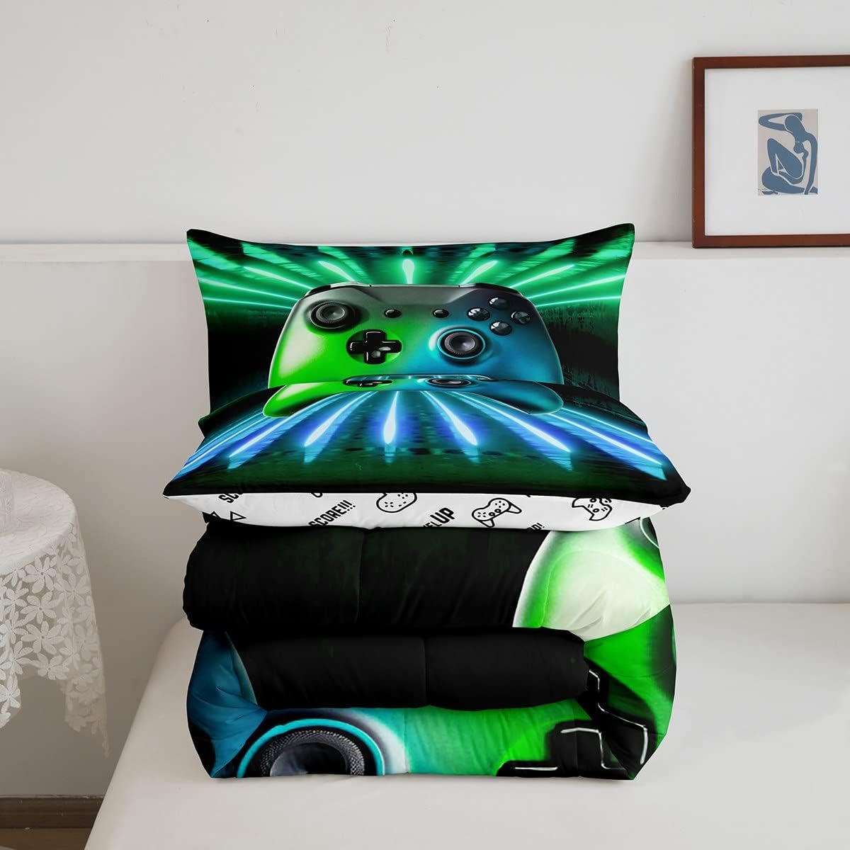 Erosebridal Juego de edredón con estampado de consola de videojuegos, color verde y azul, juego de ropa de cama tamaño Queen moderno con estampado