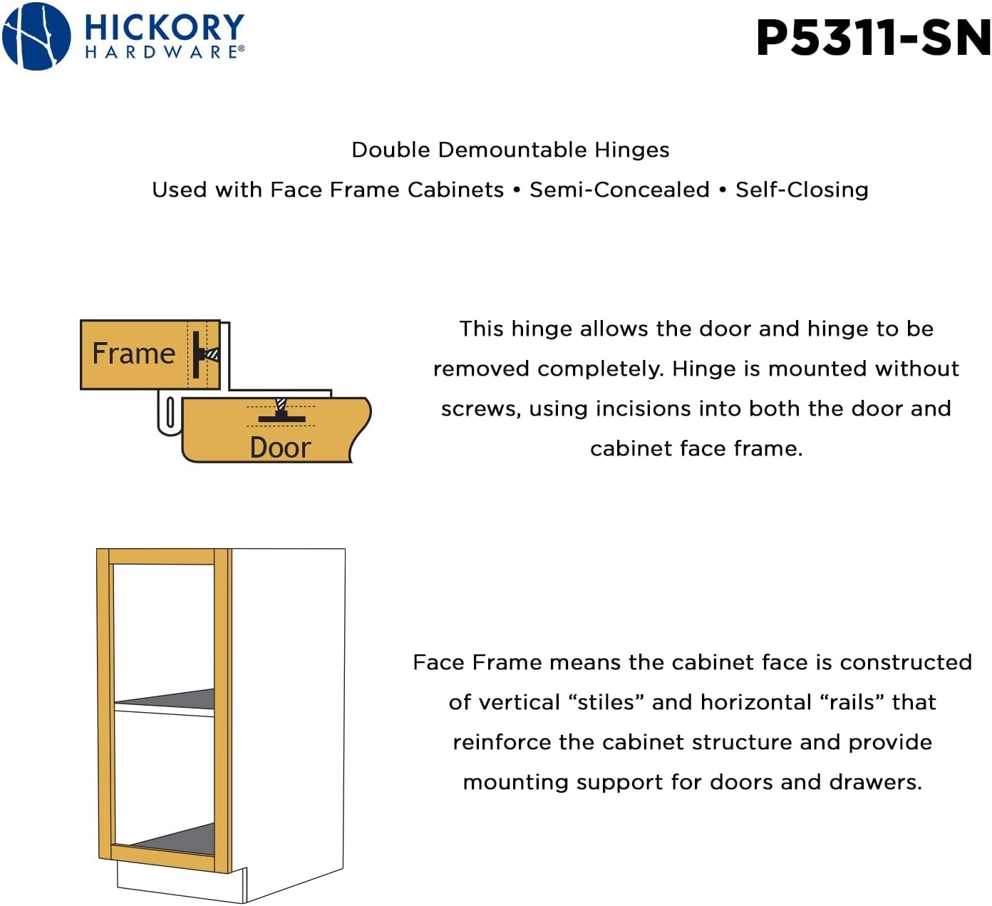 Hickory Hardware P5311-SN Bisagra Desmontable Doble, Níquel Satinado
