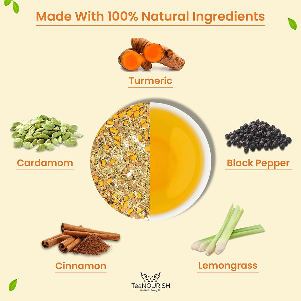 TeaNOURISH Té de hierbas Masala de cúrcuma  Sin cafeína  100% natural  Té de apoyo inmunológico  Cúrcuma, canela, cardamomo, pimienta negra,