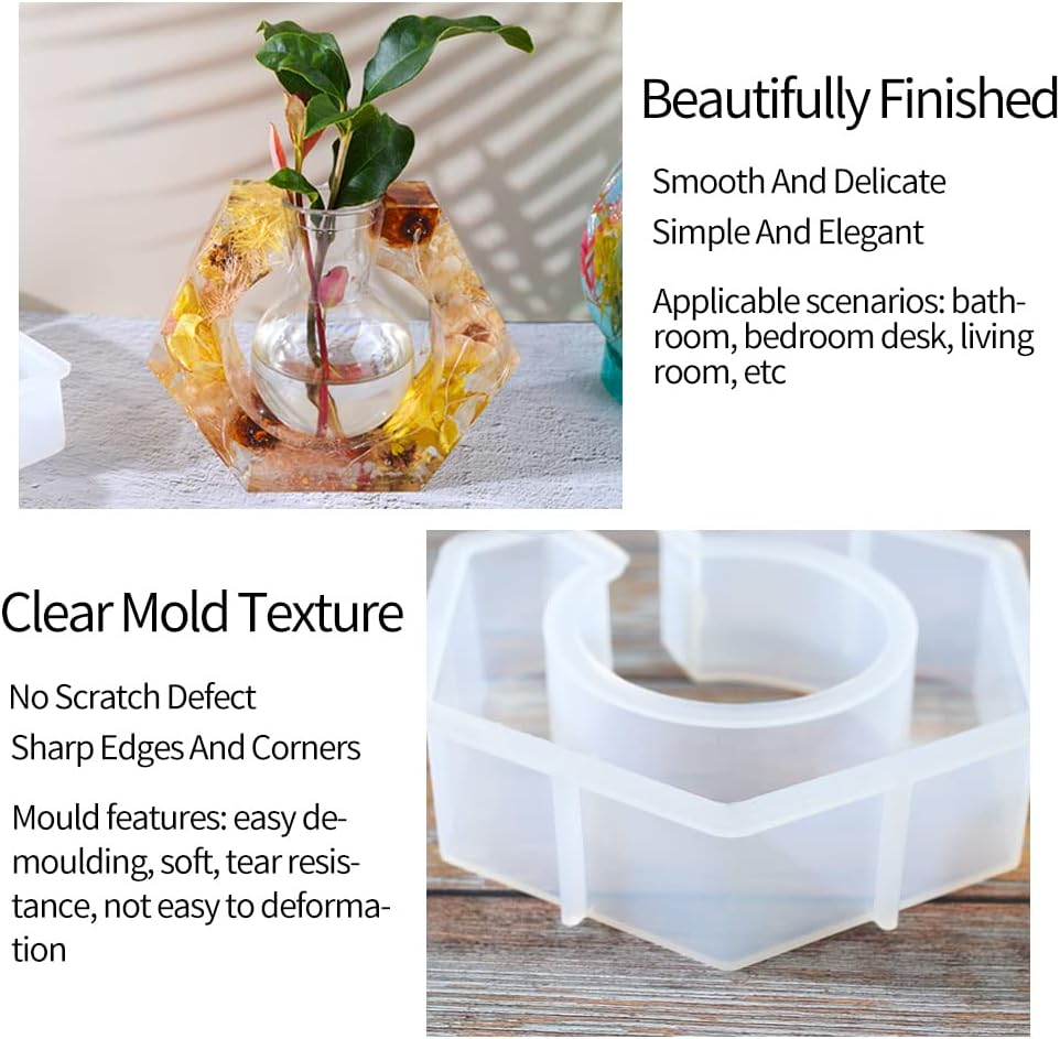 Molde de resina de silicona para estación de propagación de plantas, molde epoxi hexagonal para hidropónico, con botella de plástico para decoración