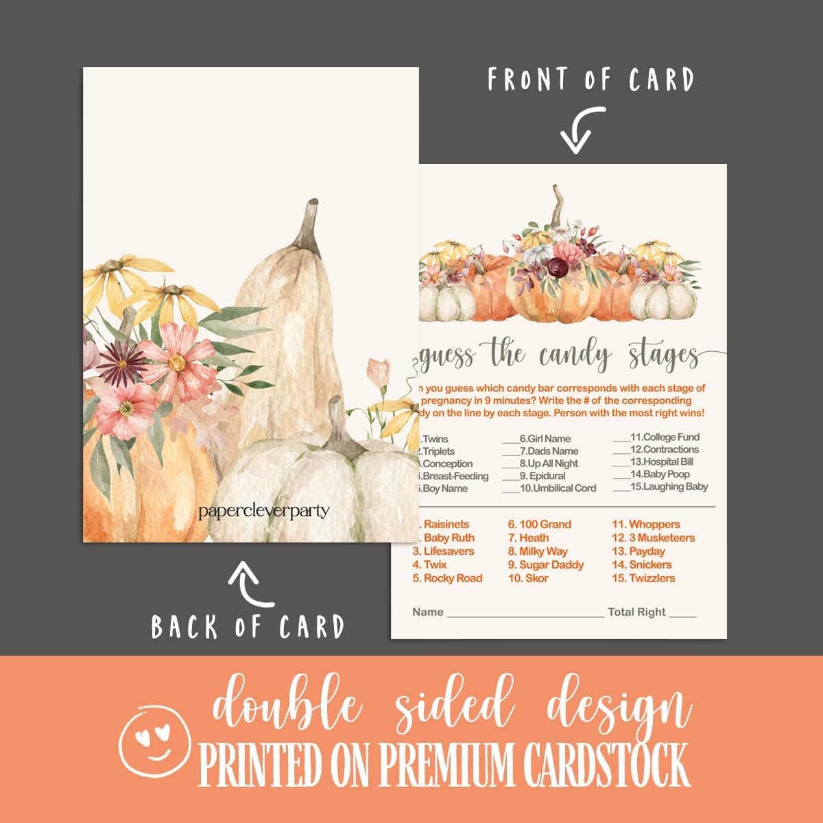 Paper Clever Party Juego de calabaza Baby Shower Game Match The Candies tarjetas de actividad, floral y calabaza, juego de 4 x 6, paquete de 25
